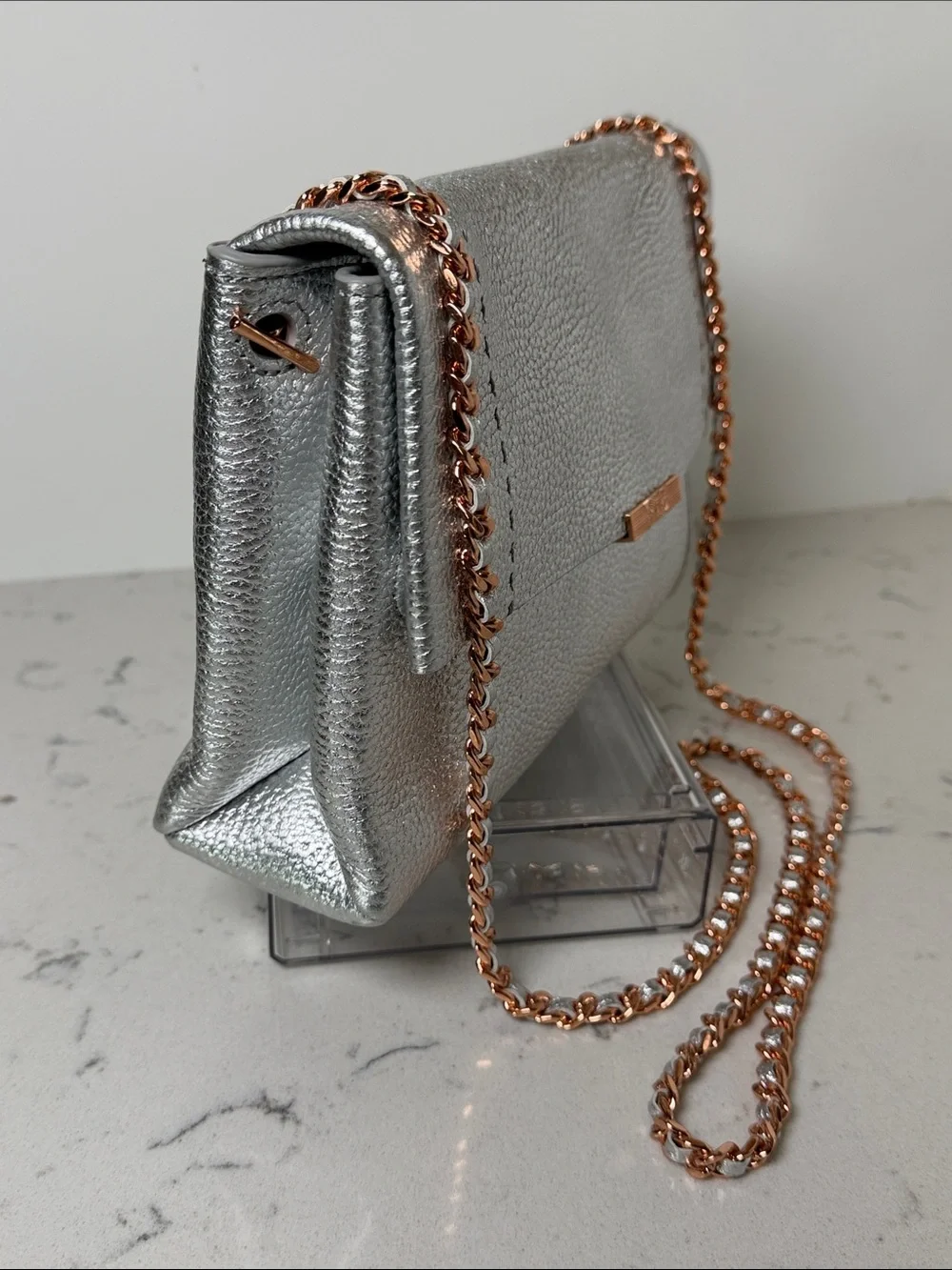 NWT Ted Baker London Parson Pebbled Metallic Silver Leather Crossbody Bag